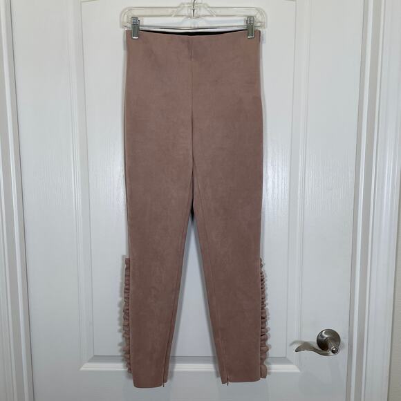Zara Frilled Faux Suede Leggings Skinny Pants Ruffle Blush Pink S - Picture 2 of 6